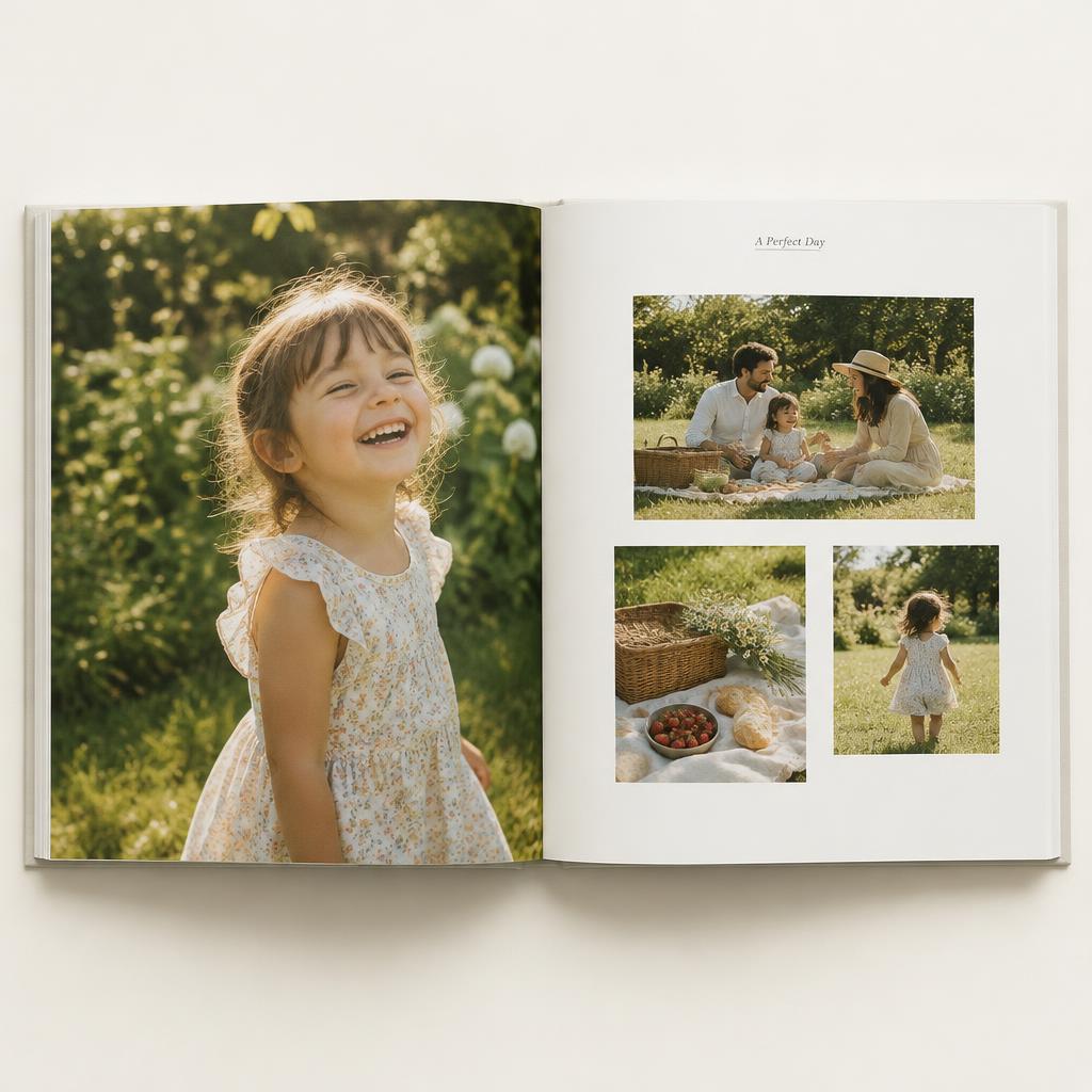 Open photo book showing a two-page spread