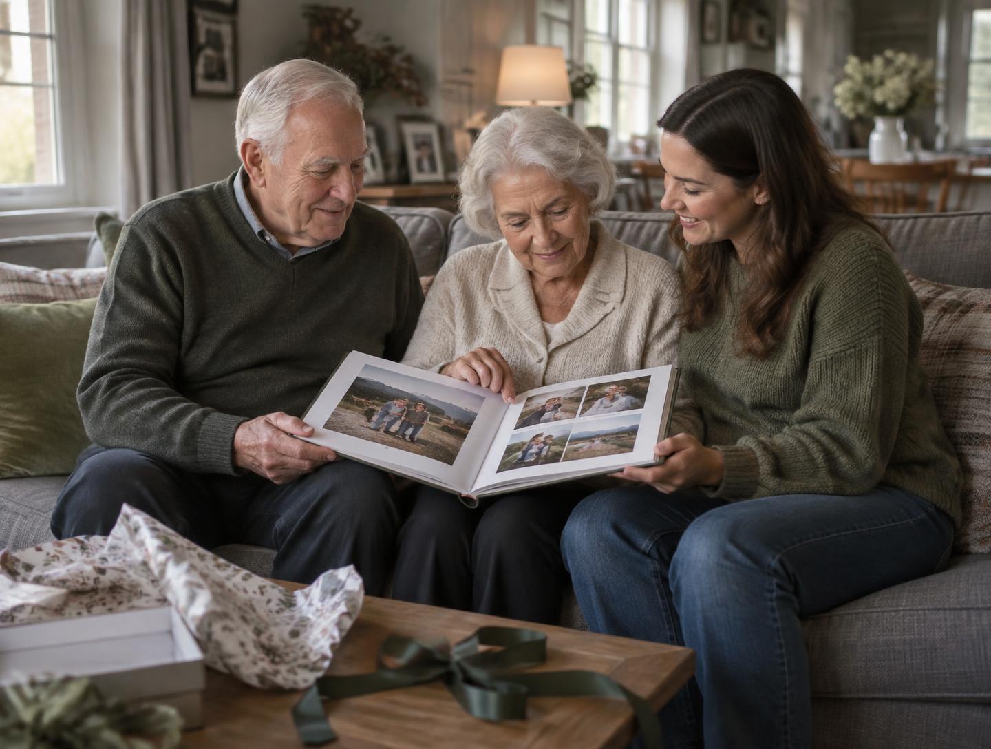 Grandparents opening a family photo book gift with their adult daughter