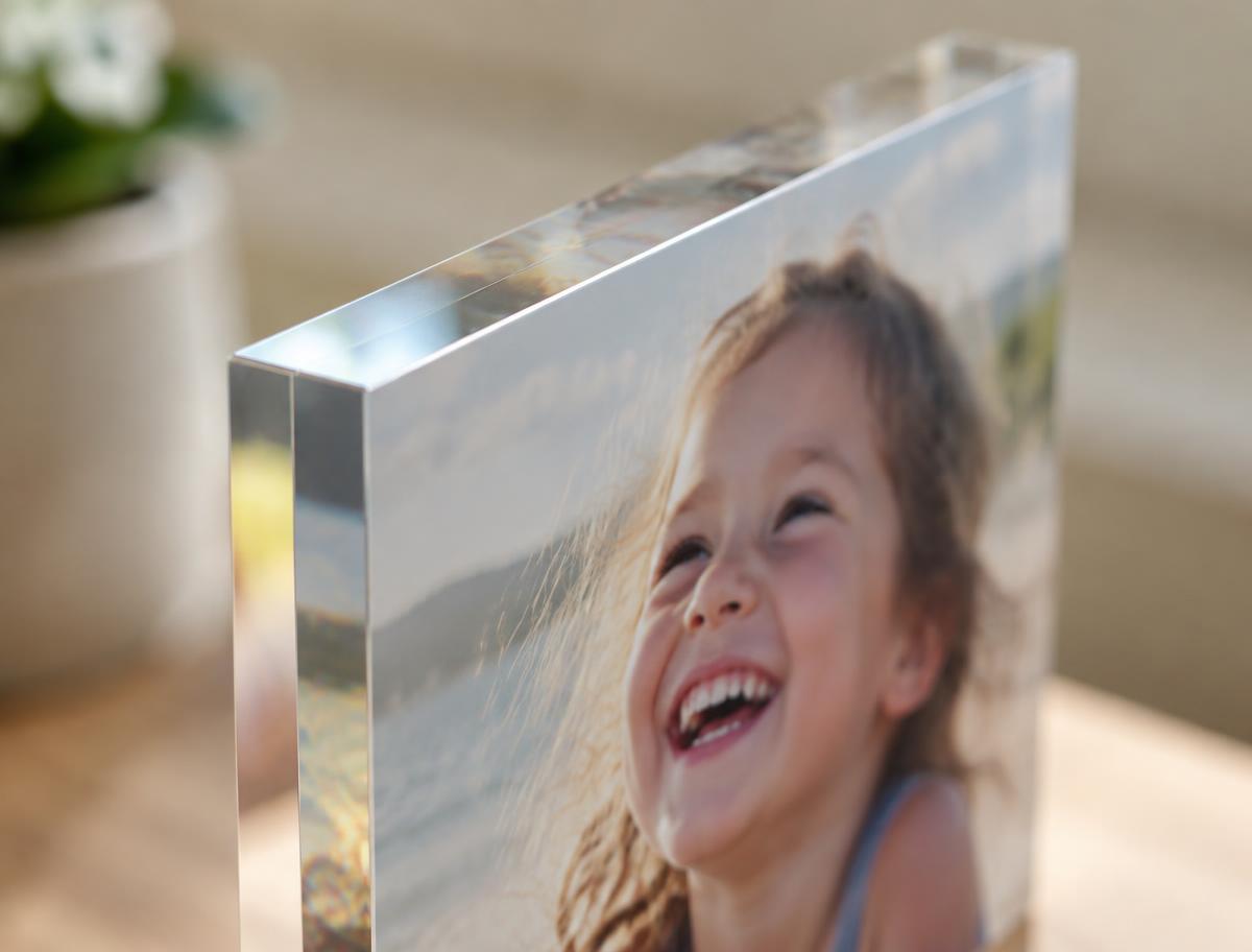 Close-up of the polished clear edge of an acrylic photo block