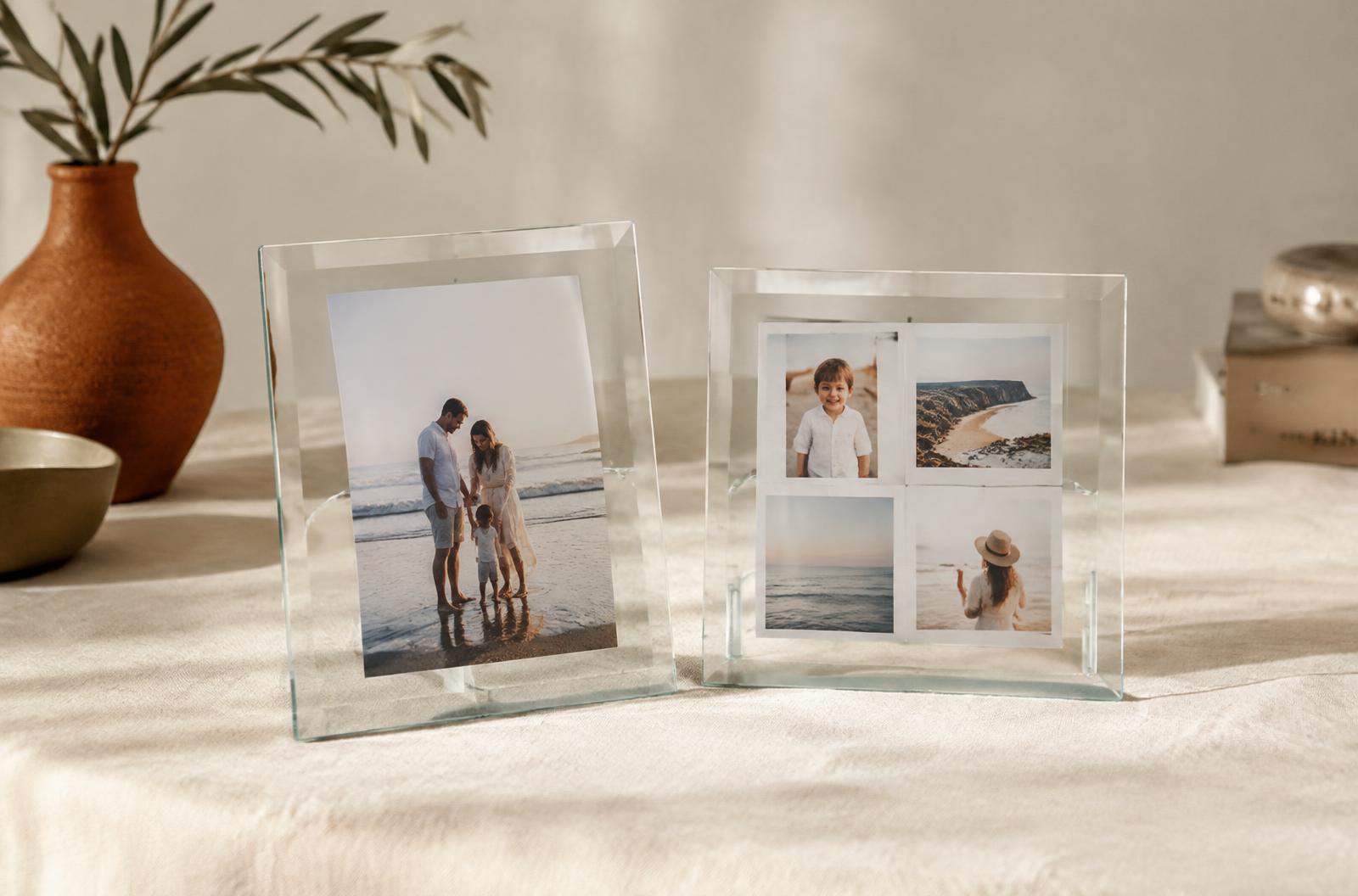 Clear stand-up photo blocks on a linen-covered table