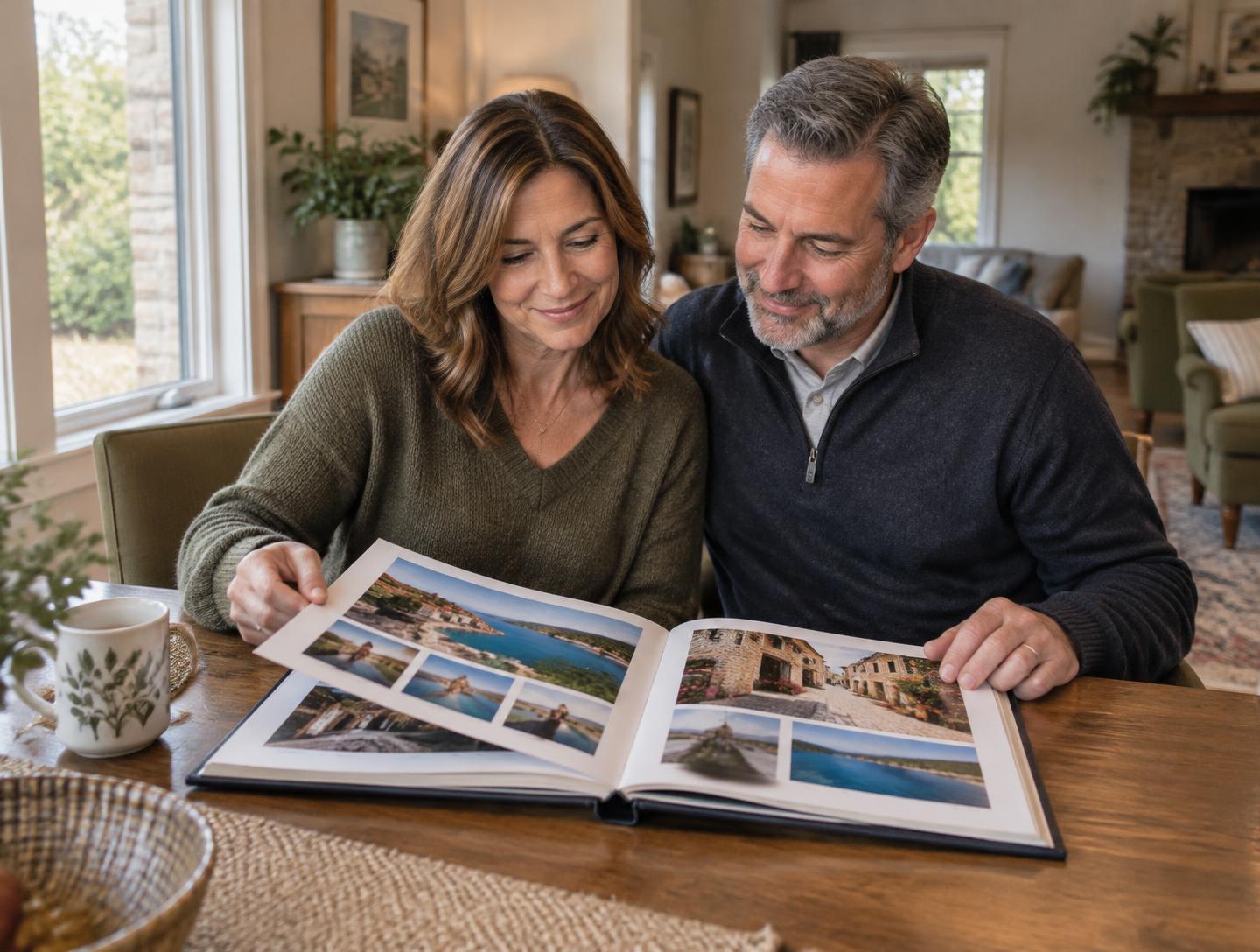 A couple turning the pages of a printed album and revisiting their travels together